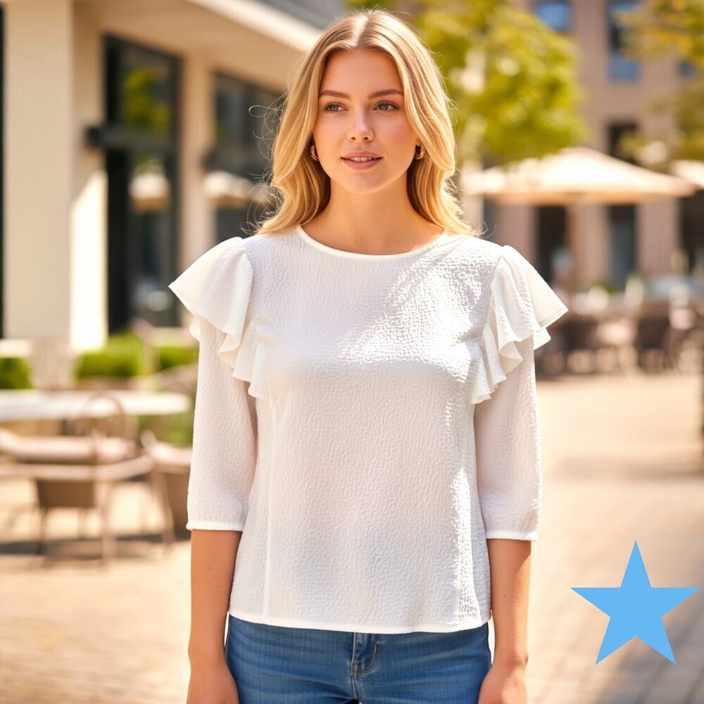 REBECCA TAYLOR SILK Pebbled Woman 3/4 SLEEVE RUFFLE VANILLA Ivory BLOUSE 0 XS 2